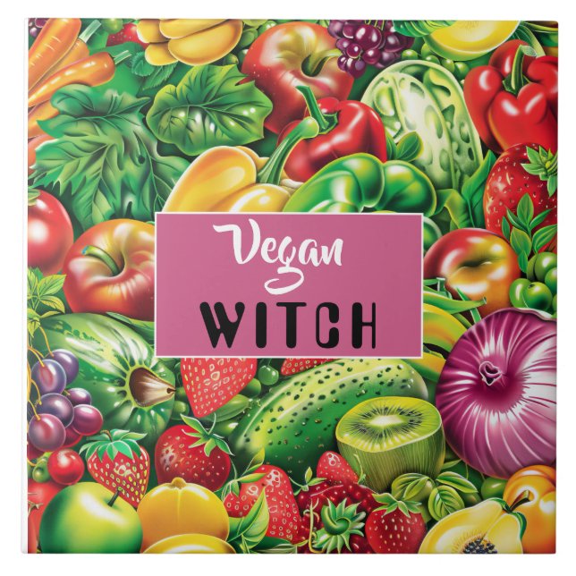 Colourful Fruits & Vegetables Vegan Witch Ceramic Tile (Front)