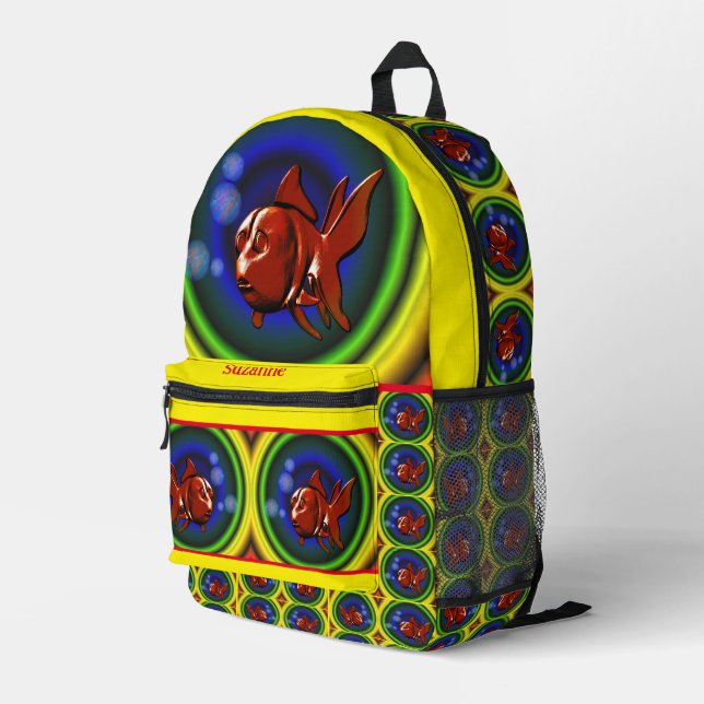 Colourful Fun Abstract Goldfish Personalised Printed Backpack (Back Corner Right)