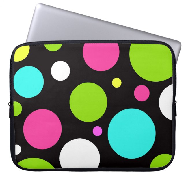 Colourful Fun Big Polka Dots on Black Laptop Sleeve (Front)