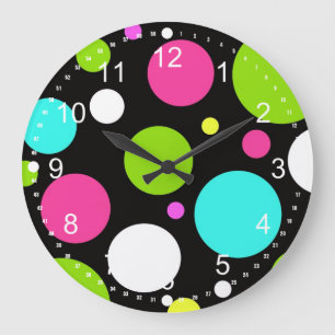 Colourful Fun Big Polka Dots on Black Large Clock