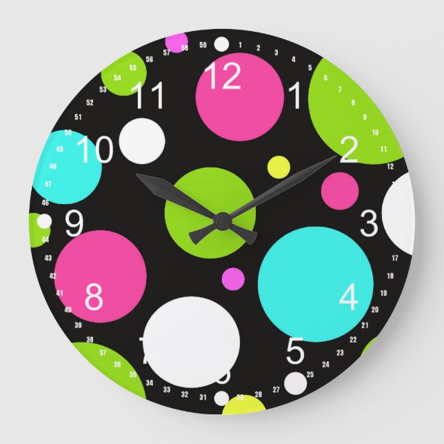 Colourful Fun Big Polka Dots on Black Large Clock (Front)