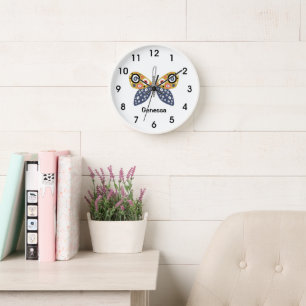 Colourful fun butterfly blue yellow dots stripe clock
