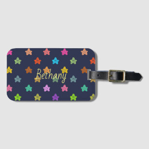 Colourful Fun Doodle Stars on Blue Personalised Luggage Tag