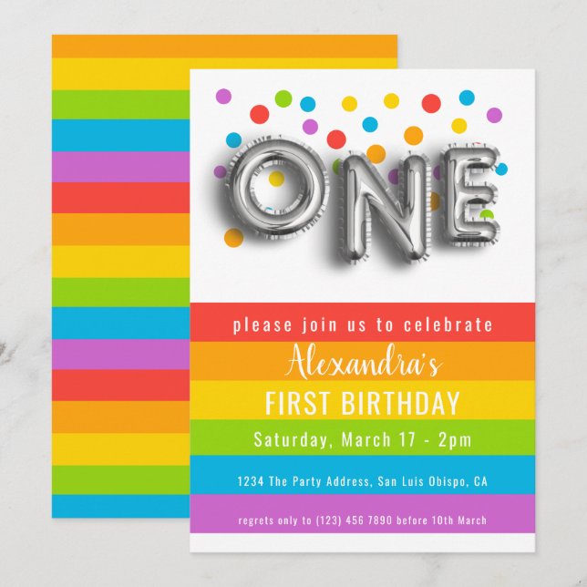 Colourful Fun First Birthday Rainbow Personalised Invitation (Front/Back)