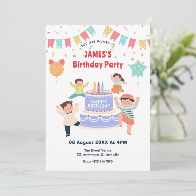 Colourful fun kids birthday party invitation (Standing Front)