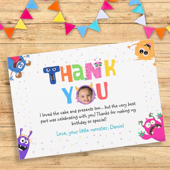 Colourful Fun Little Monster Birthday Party Photo  Thank You Card (Creator Uploaded)