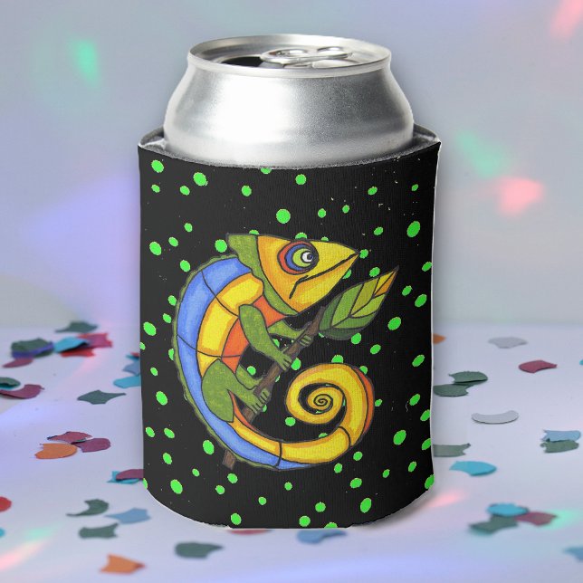 Colourful Fun Lizard Branch Dots Can Cooler (Fantasy colourful lizard holding leaf on twig on black with green dots drink can cooler.)