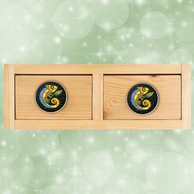 Colourful Fun Lizard Branch Dots Ceramic Knob (Colourful fantasy lizard holding leaf on branch on green dots on black drawer knob pulls.)