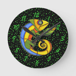 Colourful Fun Lizard Branch Dots Round Clock