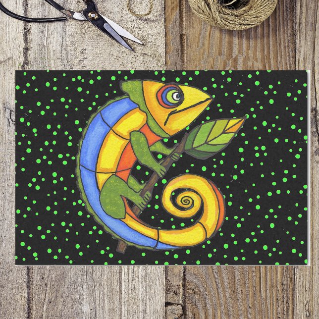 Colourful Fun Lizard Branch Dots Tissue Paper (Colourful fantasy lizard holding leaf on twig on green dots on black tissue wrapping paper.)