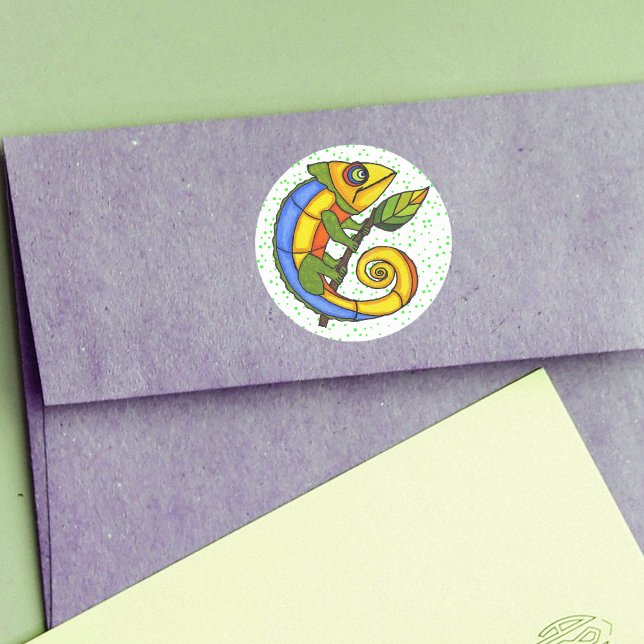 Colourful Fun Lizard Dots Classic Round Sticker (Brightly coloured lizard holding stick with green leaf on white with green polka dots round sticker.)