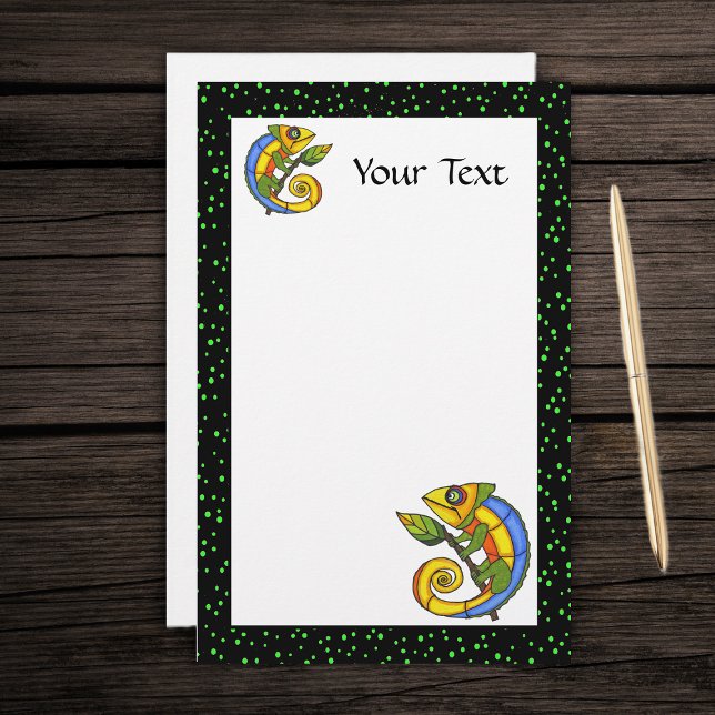 Colourful Fun Lizard on a Branch Stationery (Two cute colourful fantasy lizards green leaves on white with black green dotted border stationery.)