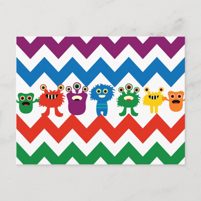 Colourful Fun Monsters Cute Chevron Striped Patter Postcard (Front)