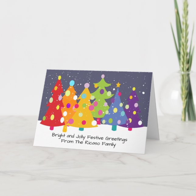 Colourful Fun Rainbow Christmas Trees Holiday Card (Front)