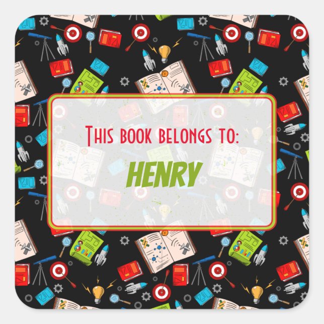 Colourful Fun School Science Pattern Personalised Square Sticker (Front)