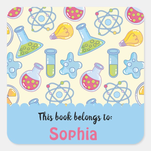 Colourful Fun School Science Pattern Personalised  Square Sticker (Front)