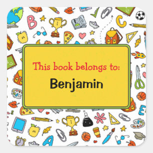 Colourful Fun School Supplies Pattern Personalised Square Sticker