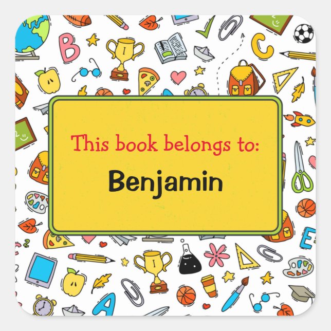 Colourful Fun School Supplies Pattern Personalised Square Sticker (Front)