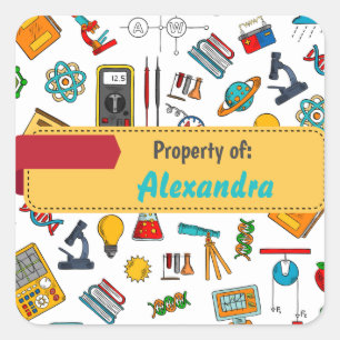 Colourful Fun School Supplies Pattern Personalised Square Sticker