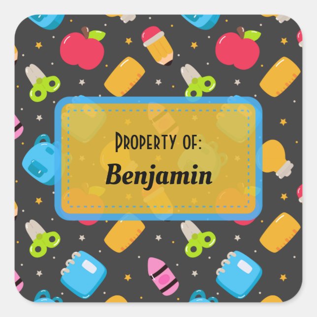 Colourful Fun School Supplies Pattern Personalised Square Sticker (Front)