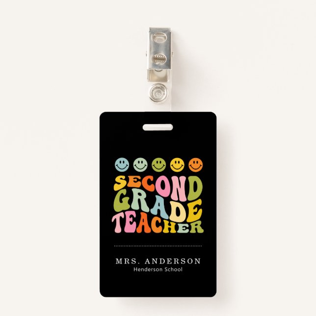 Colourful Fun Second Grade Teacher Custom Name ID Badge (Front with Clip)