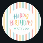 Colourful fun stripe happy birthday classic round sticker<br><div class="desc">Colourful fun rainbow stripe birthday party design. Ideal for baby male,  female or twin party design. With its fun bright colourful design featuring stripes and polka dots this timeless classic is sure to look good at your party. Part of a co-odinating design.</div>