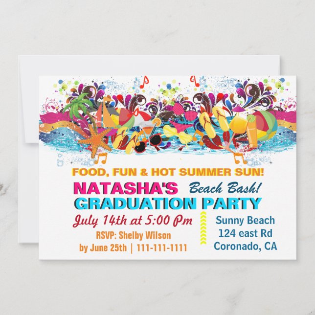 Colourful Fun Summer Beach Graduation Party  Invitation (Front)