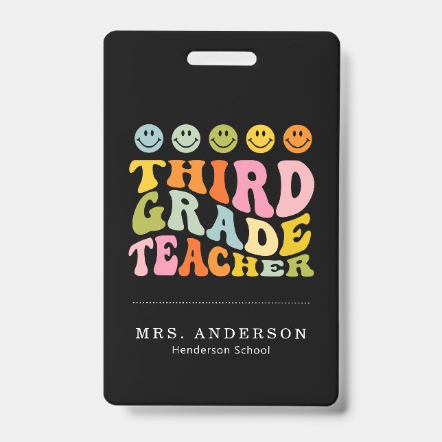 Colourful Fun Third Grade Teacher Custom Name ID Badge (Front)