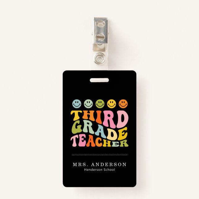 Colourful Fun Third Grade Teacher Custom Name ID Badge (Front with Clip)