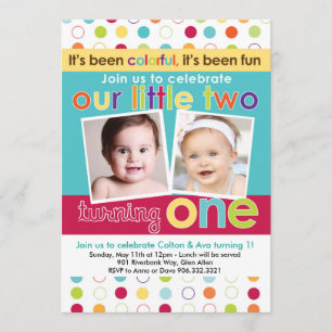 Colourful Fun Twins First Birthday Invitation