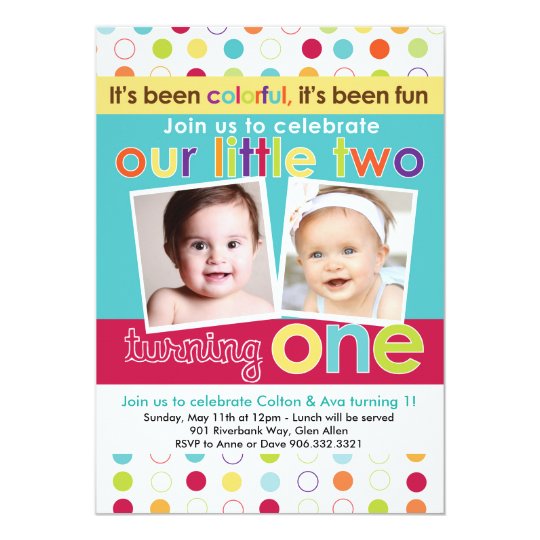 colourful fun twins first birthday invitation zazzle com au twin birthday invitations