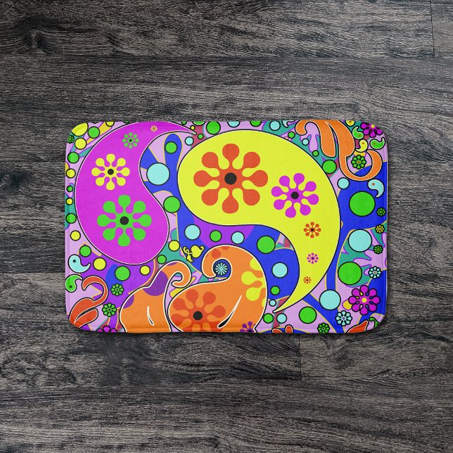 Colourful Funky Flowers Retro Paisley Hippie Bath Mat (Creator Uploaded)