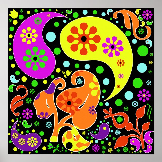 Colourful Funky Flowers Retro Paisley Hippie Poster (Front)