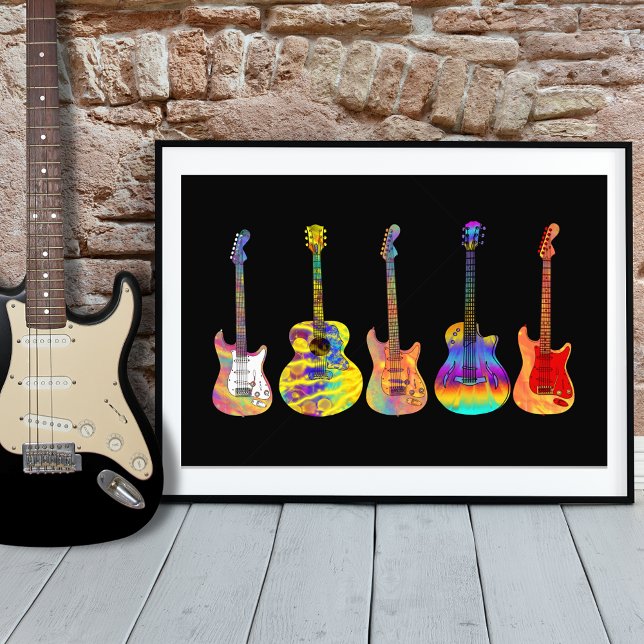 Colourful Funky Guitar Art on Black  Photo Print (Colorful funky guitar illustrations psychedelic on black poster by artist Catherine Sweetman)