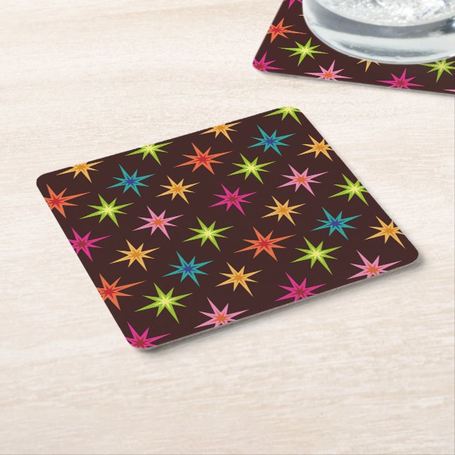 Colourful Funky Mid Century Atomic Starbursts   Square Paper Coaster (Angled)
