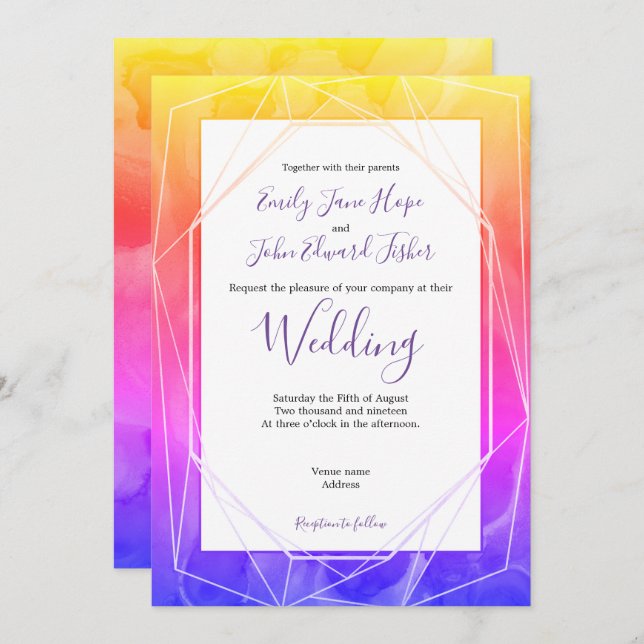 Colourful Funky Watercolors/Geometric Wedding Invitation (Front/Back)