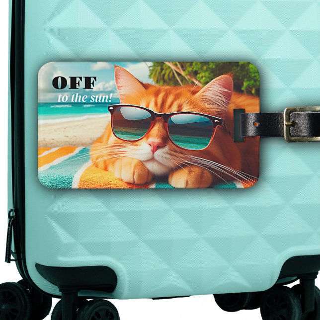 Colourful Funny Cat Tropical Sun Luggage Tag (Luggage tag showing a colorful painting of a funny cat with sunglasses, lounging on a tropical beach)