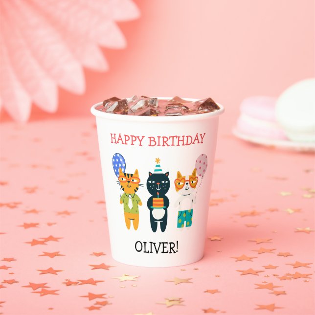 Colourful Funny Cats Happy 3rd Birthday Paper Cups (Insitu)