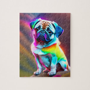 Colourful Funny Cute Little Pug With Rainbow Colou Jigsaw Puzzle