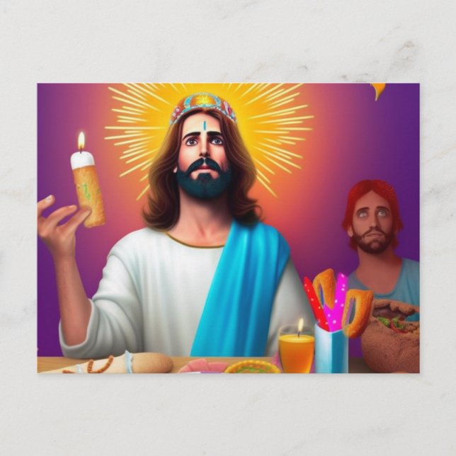 Colourful Funny Jesus at his Birthday Postcard (Front)