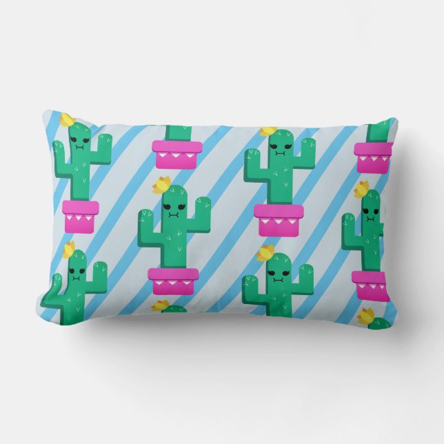 Colourful Funny Kawaii Cactus & Stripes Lumbar Cushion (Front)