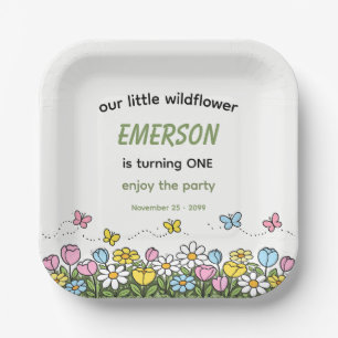 Colourful Funny Little Wildflower 1st Birthday Paper Plate