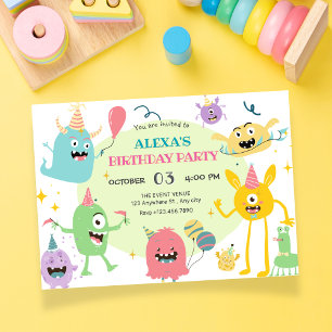 Colourful funny monster party birthday invitation