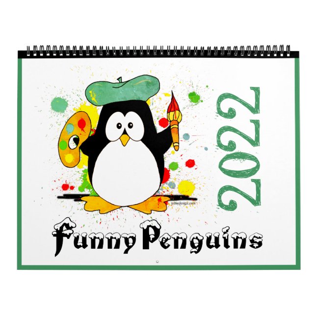 Colourful Funny Penguins Cartoon Art Green 2022 Calendar (Cover)