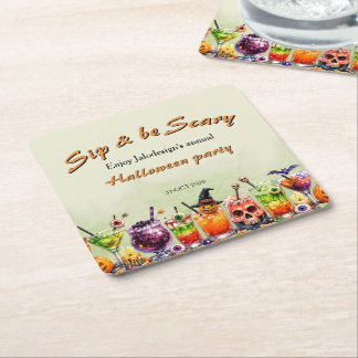 Colourful Funny Scary Cocktails Sip Halloween Part Square Paper Coaster