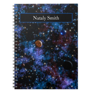 Colourful galaxies, stars and planets name notebook
