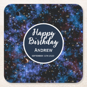 Colourful galaxies, stars and planets square paper coaster