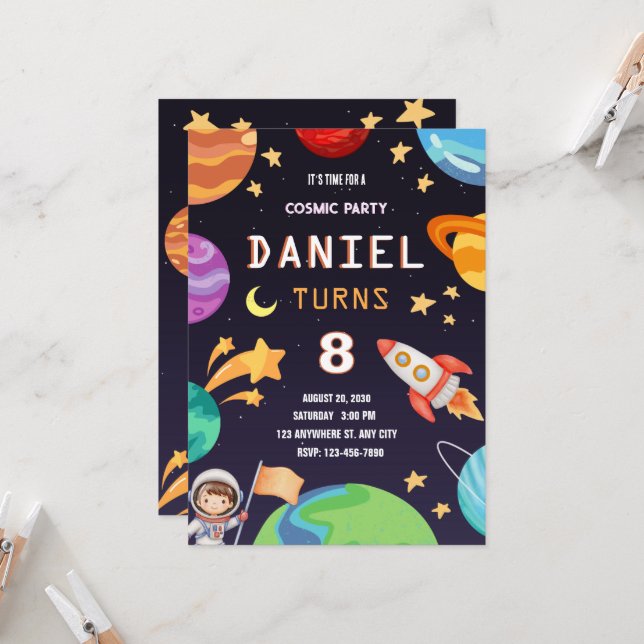 Colourful Galaxy Birthday Party Invitation (Front/Back In Situ)