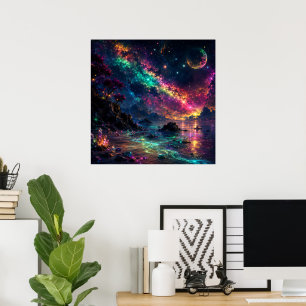 Colourful Galaxy Neon Space Rainbow Nebula Art Poster