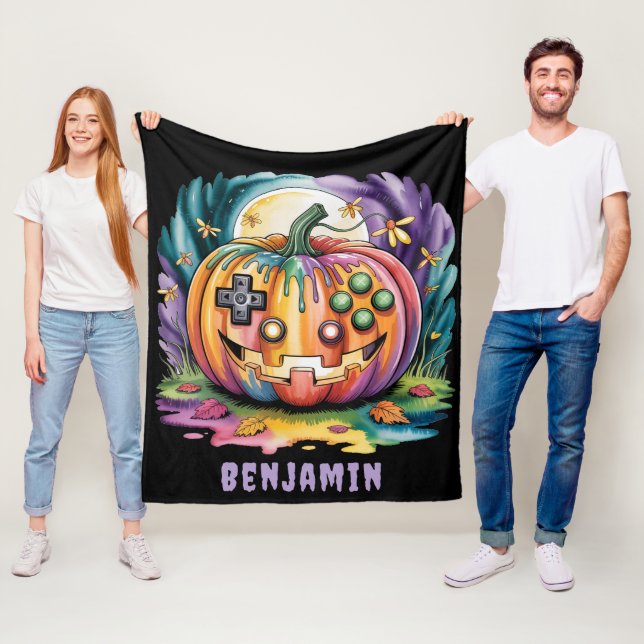 Colourful Gamer Pumpkin Halloween Bash Gift Fleece Blanket (In Situ)